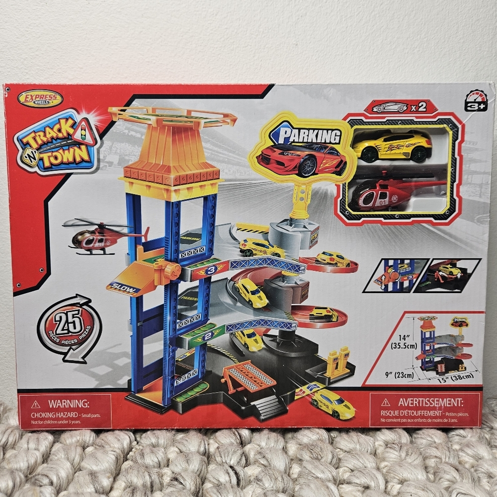 Toy Car Playset Express Wheels Track N Town Multilevel Spiral Parking Garage